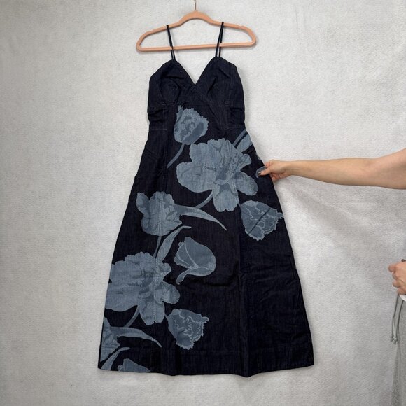 Sundance Dress Womens 12 Blue Denim Floral Spaghetti Strap V Neck Midi A Line - Picture 3 of 10